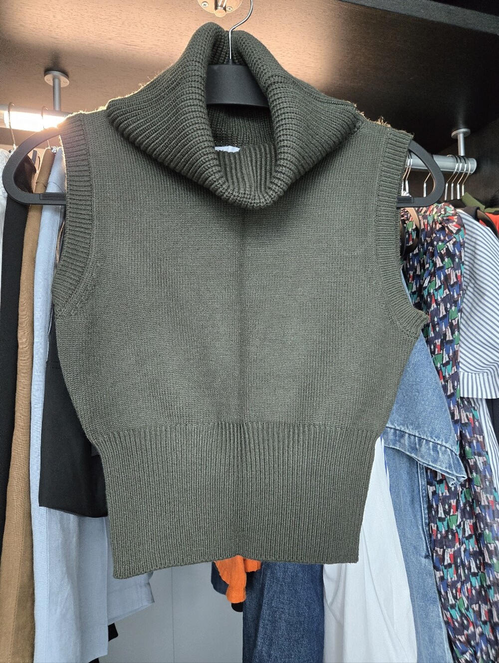 Zara Olive Green Sleeveless Cowl Neck Sweater